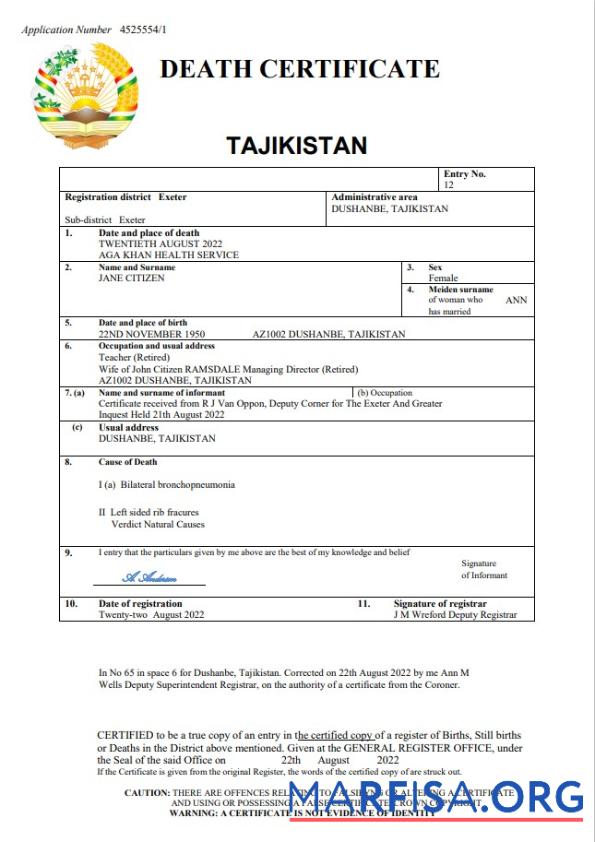 Printable Tajikistan vital record death certificate Word and PDF template